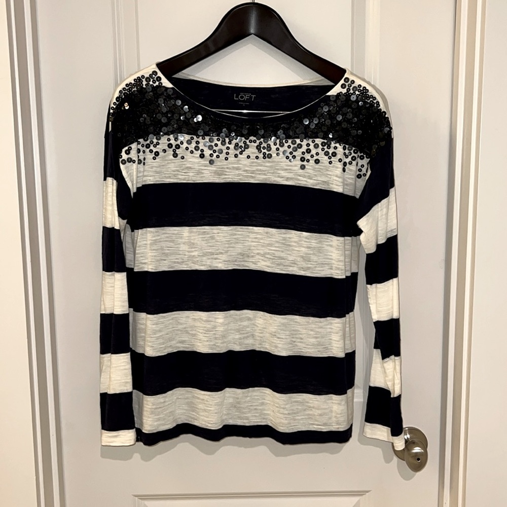 Loft navy/ivory striped long sleeve top w/ black sequin neckline detail,…